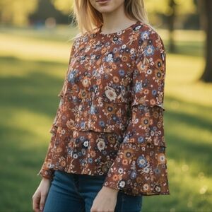 INC International Concepts Floral Tiered Blouse Medium (BL8)